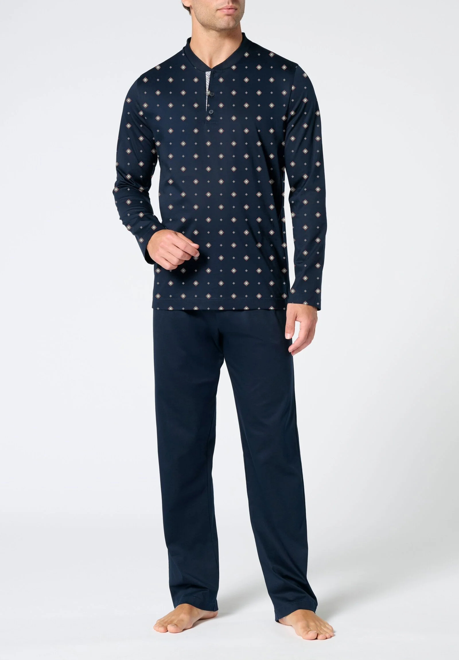 Pigiama Lungo collo Serafino in Cotone mercerizzato Stampa VPRT93388 BLU