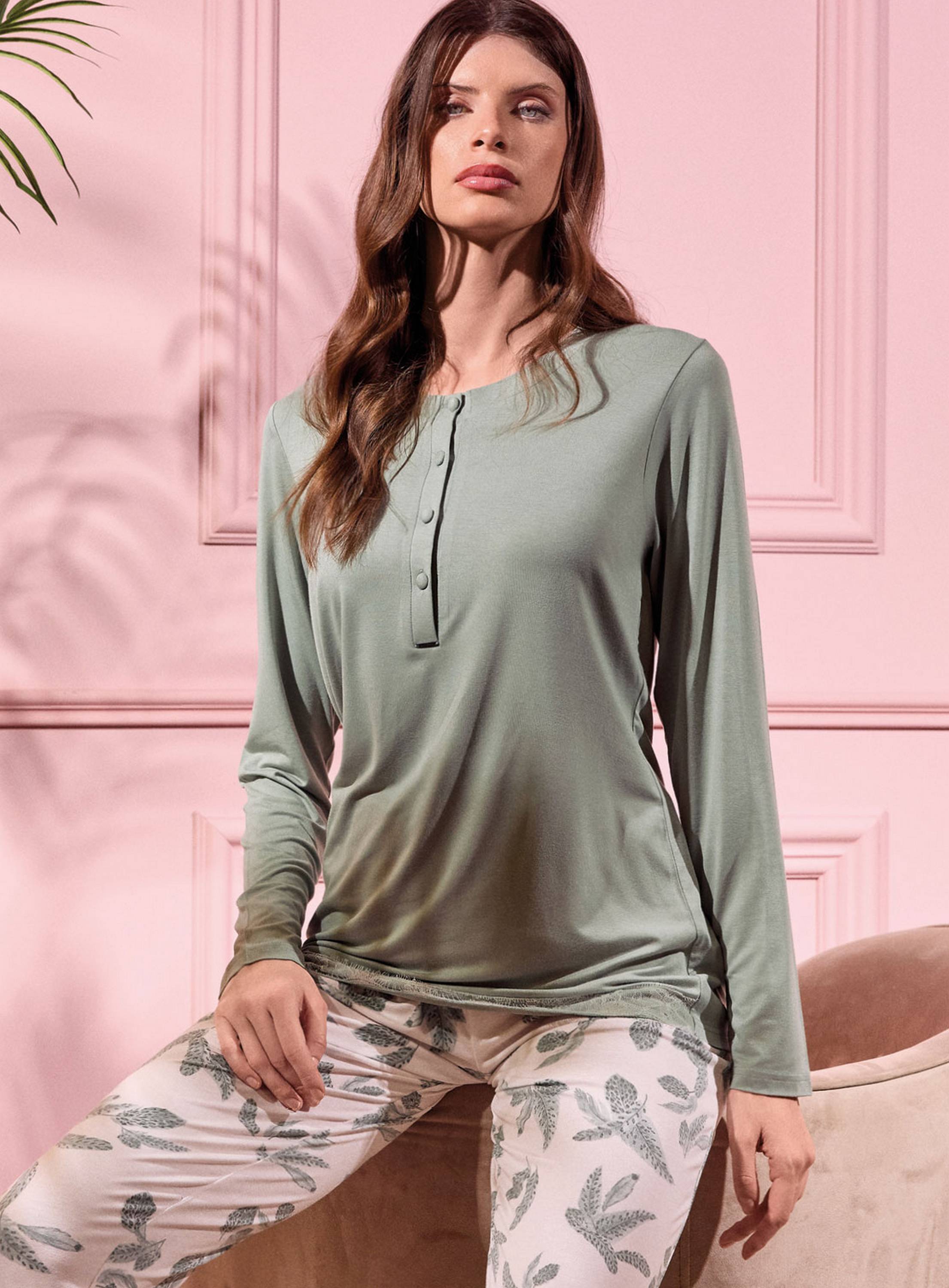 PIGIAMA DONNA COTONE Manica lunga serafino PLU654088 lormar SALVIA