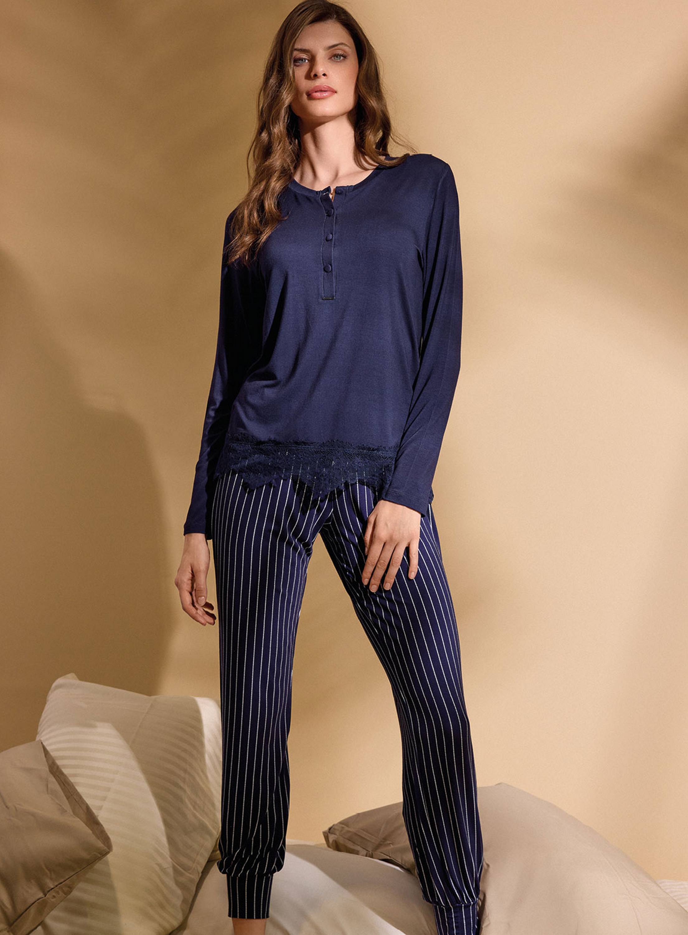 PIGIAMA DONNA COTONE Manica lunga SERAFino EVE654064 lormar BLU NAVY