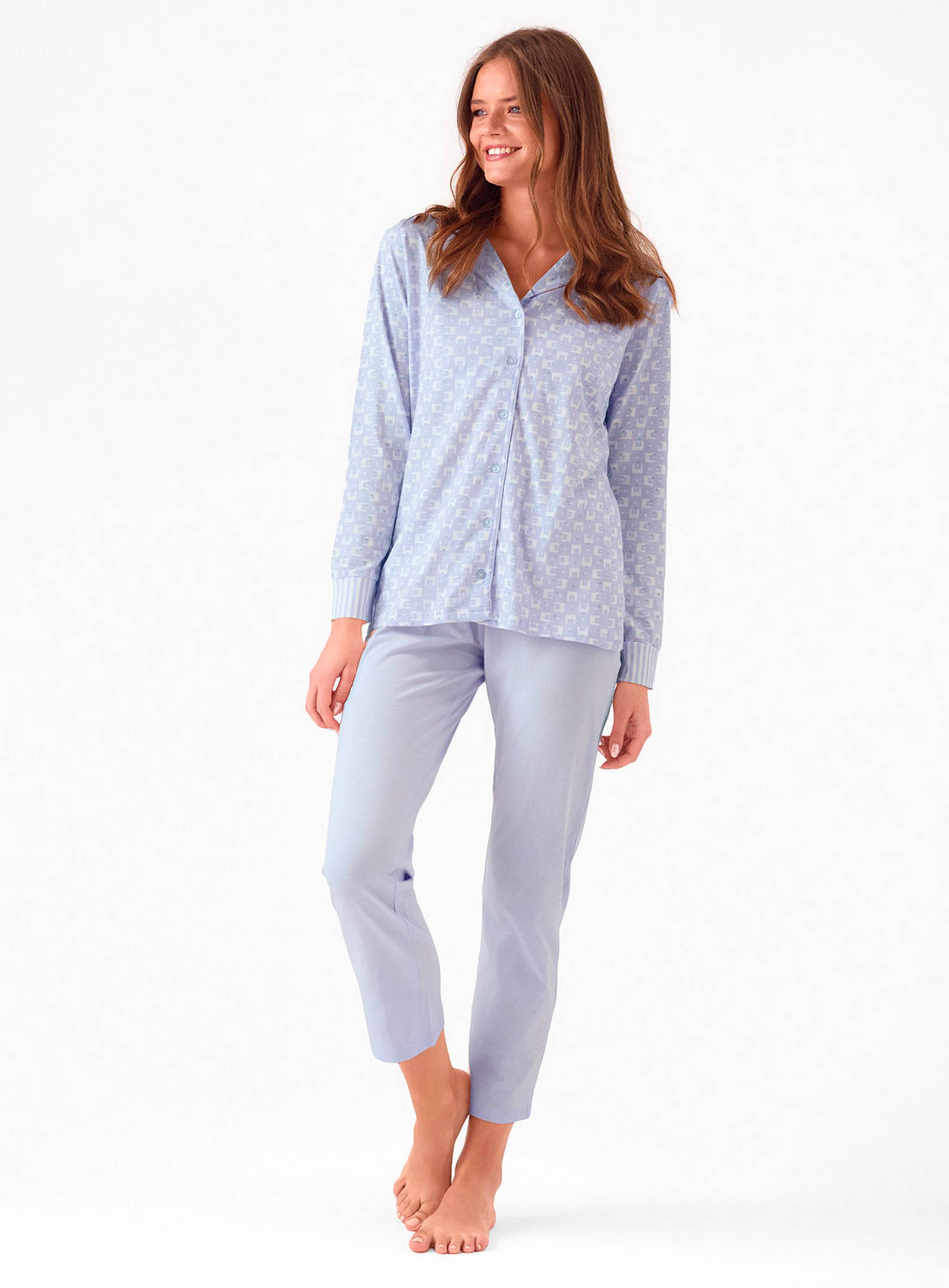 PIGIAMA DONNA COTONE Manica lunga APERTO MSC654031 infiore AZZURRO