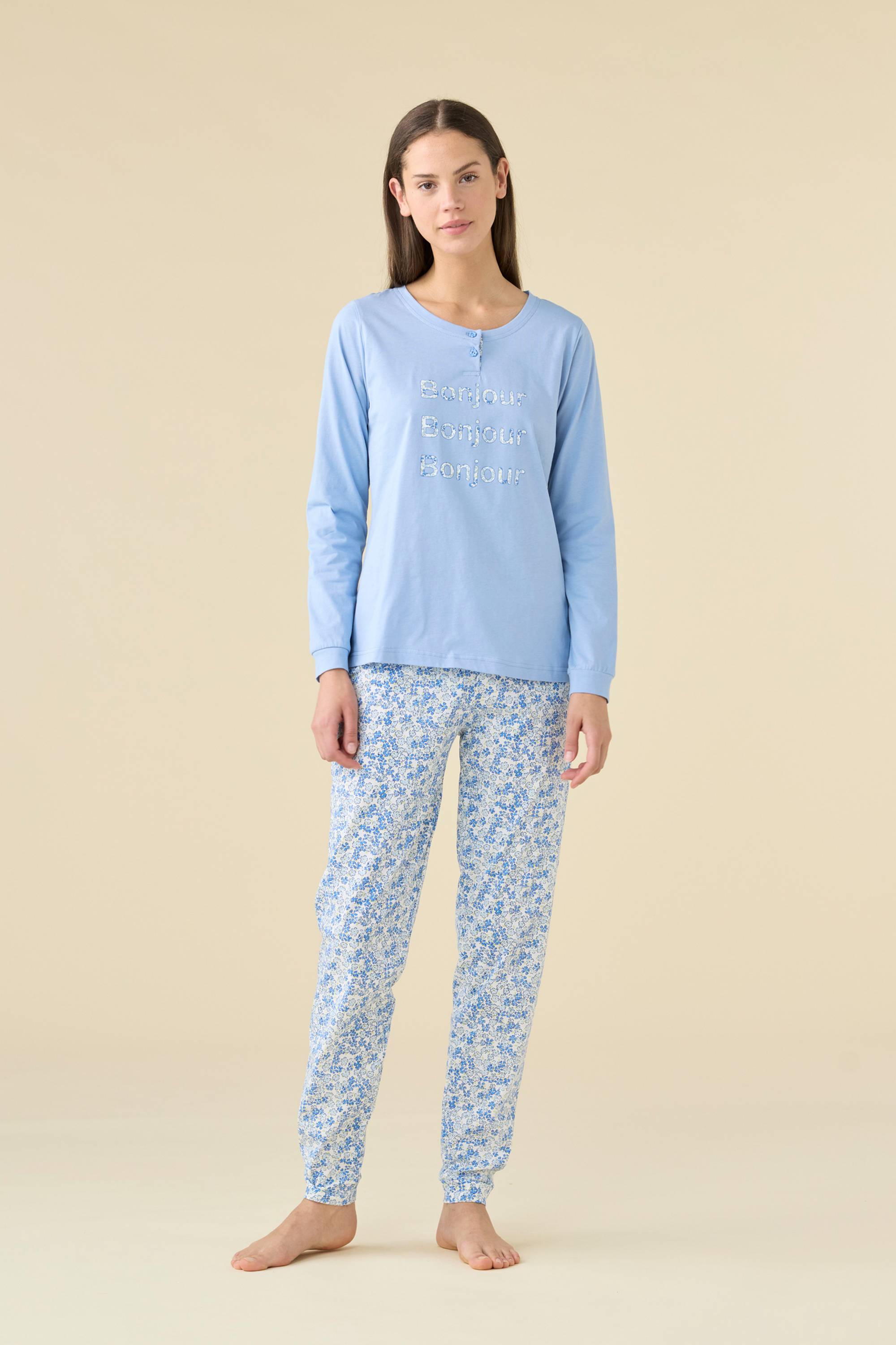 PIGIAMA DONNA COTONE MANICA LUNGA FA009464 NOIDINOTTE CERULIO