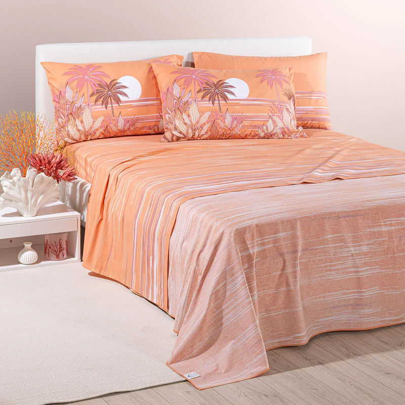 Completo Lenzuola In Cotone Palm Spring Matrimoniale Caleffi CARAMELLO
