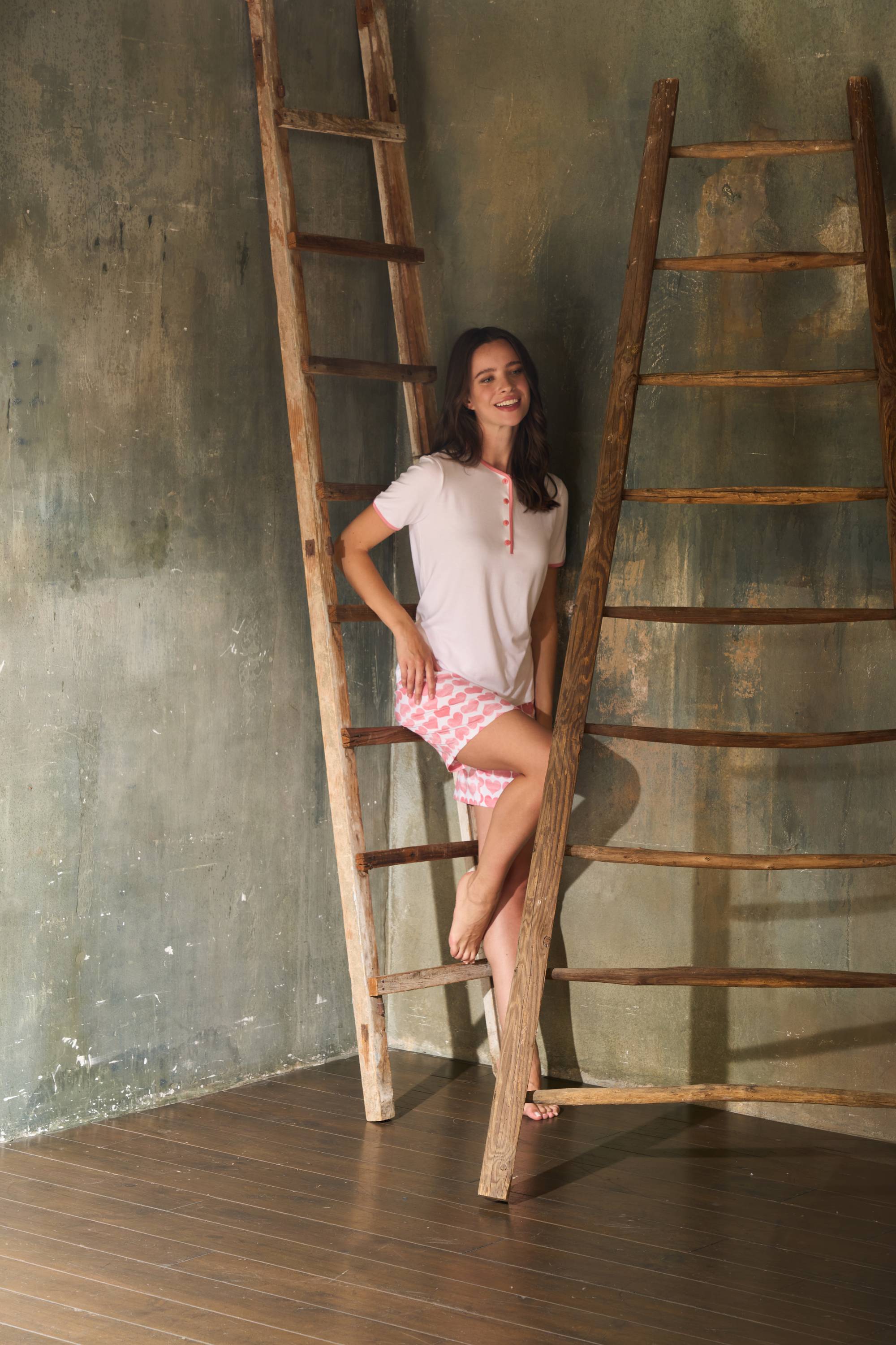 PIGIAMA DONNA BERMUDA MANICA CORTA SERAFINO LS502246 BIANCO/FLAMINGO