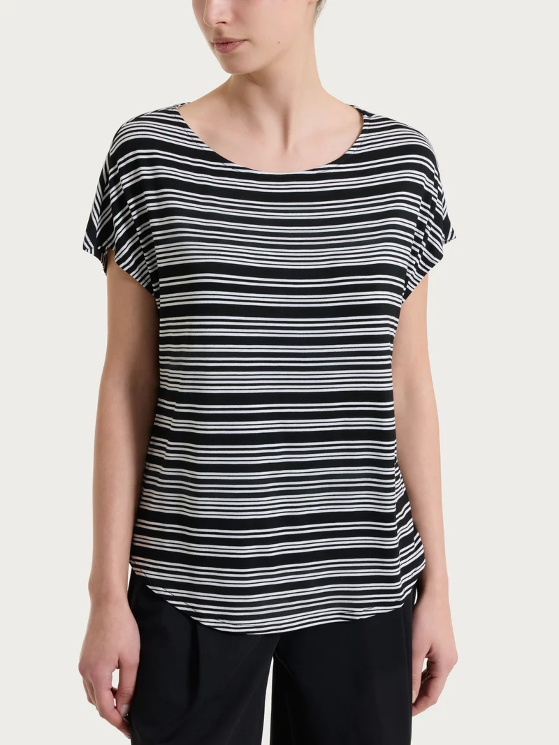 Maglietta girocollo a righe alternate in Viscosa Summer DT13TJ RAGNO FANTASIA NERO