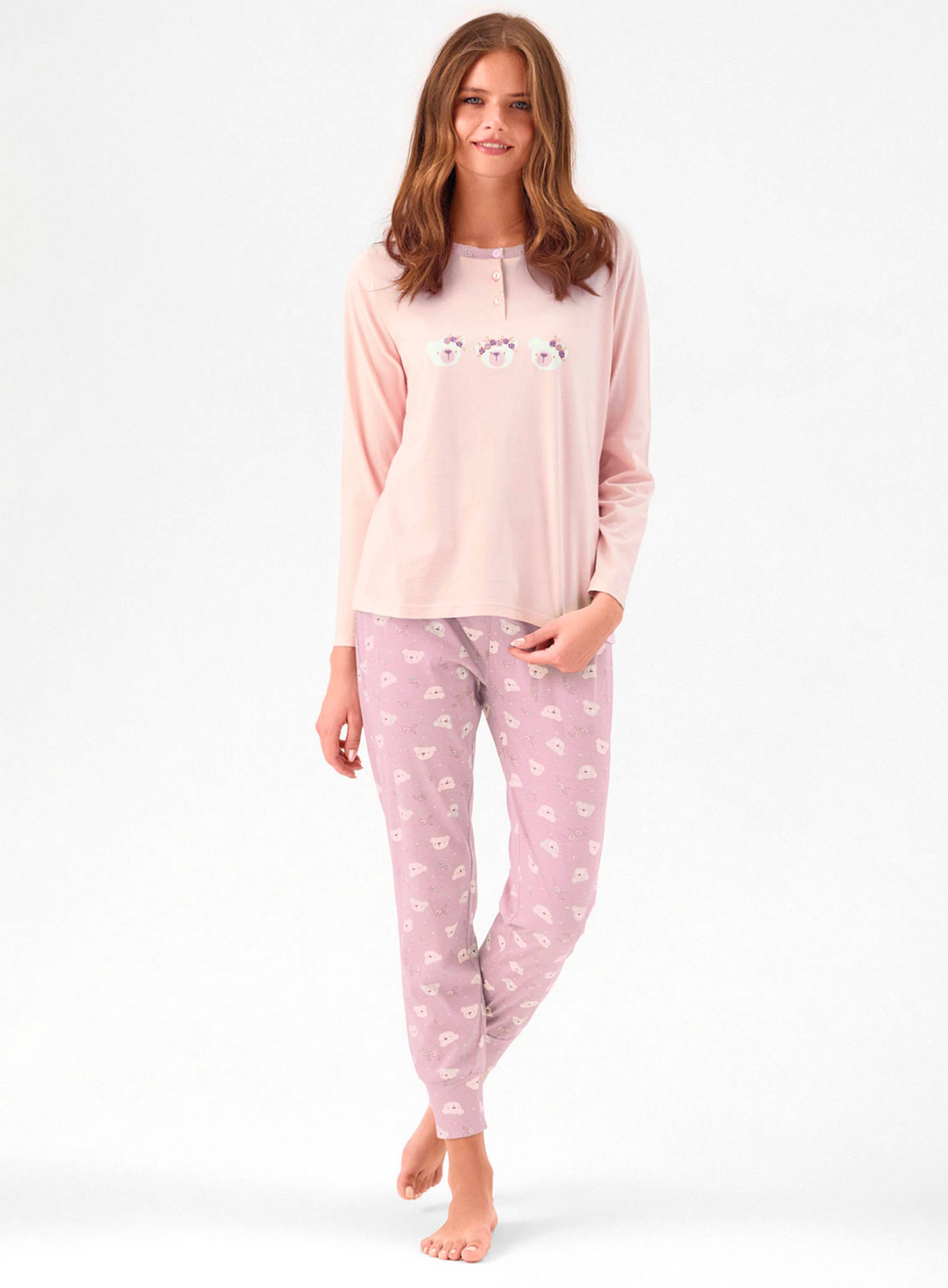 PIGIAMA DONNA COTONE Manica lunga serafino HNY654032 infiore ROSA/TORTORA