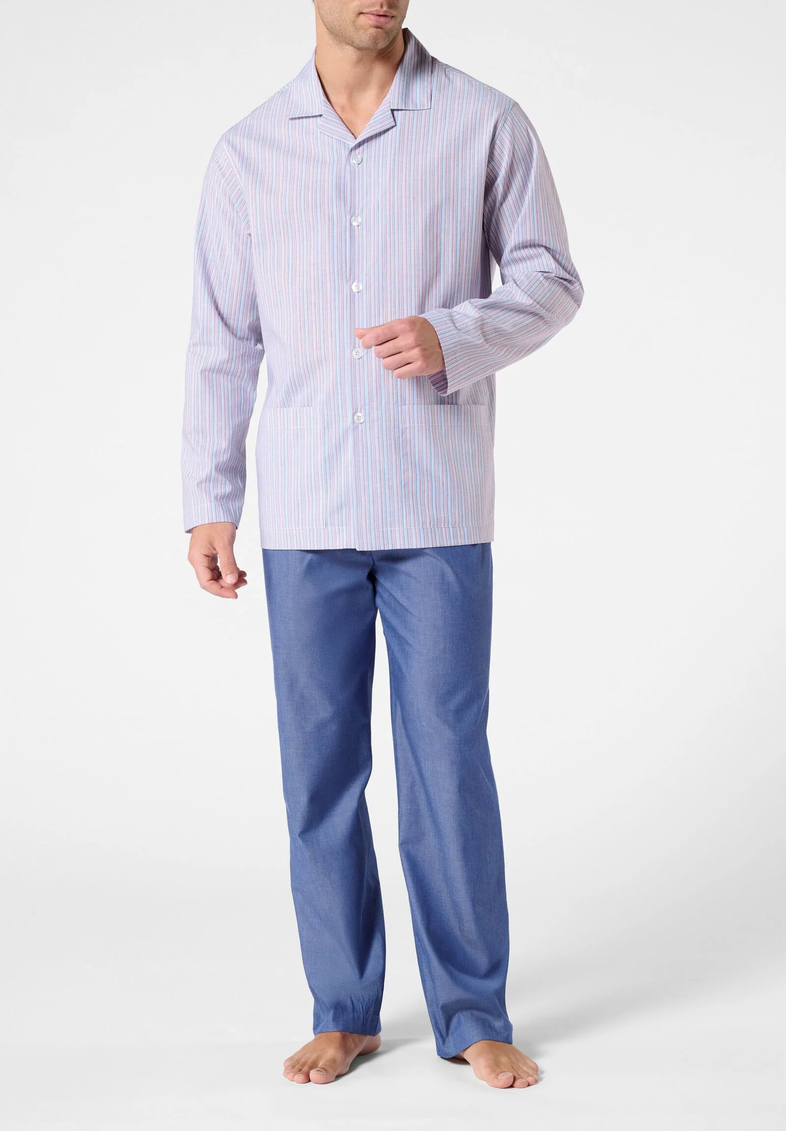 Pigiama Lungo Aperto con Collo in Popeline di Cotone stile Camiceria VPRT93381 MILLERIGHE/DENIM
