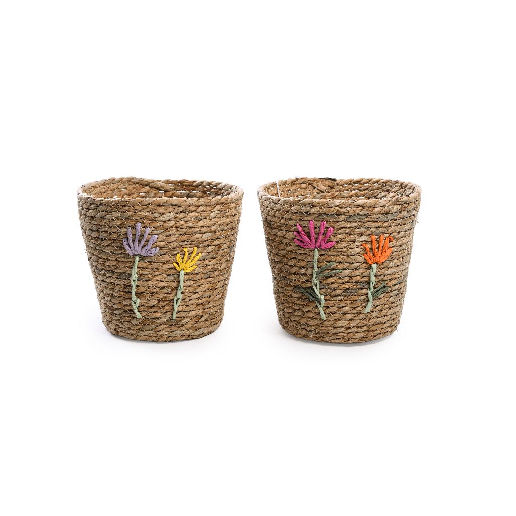 CESTA PORTAVASO IN CORDA DECORATO FIORI D.19XH.17 cm COLORI ASSORTITI 03522