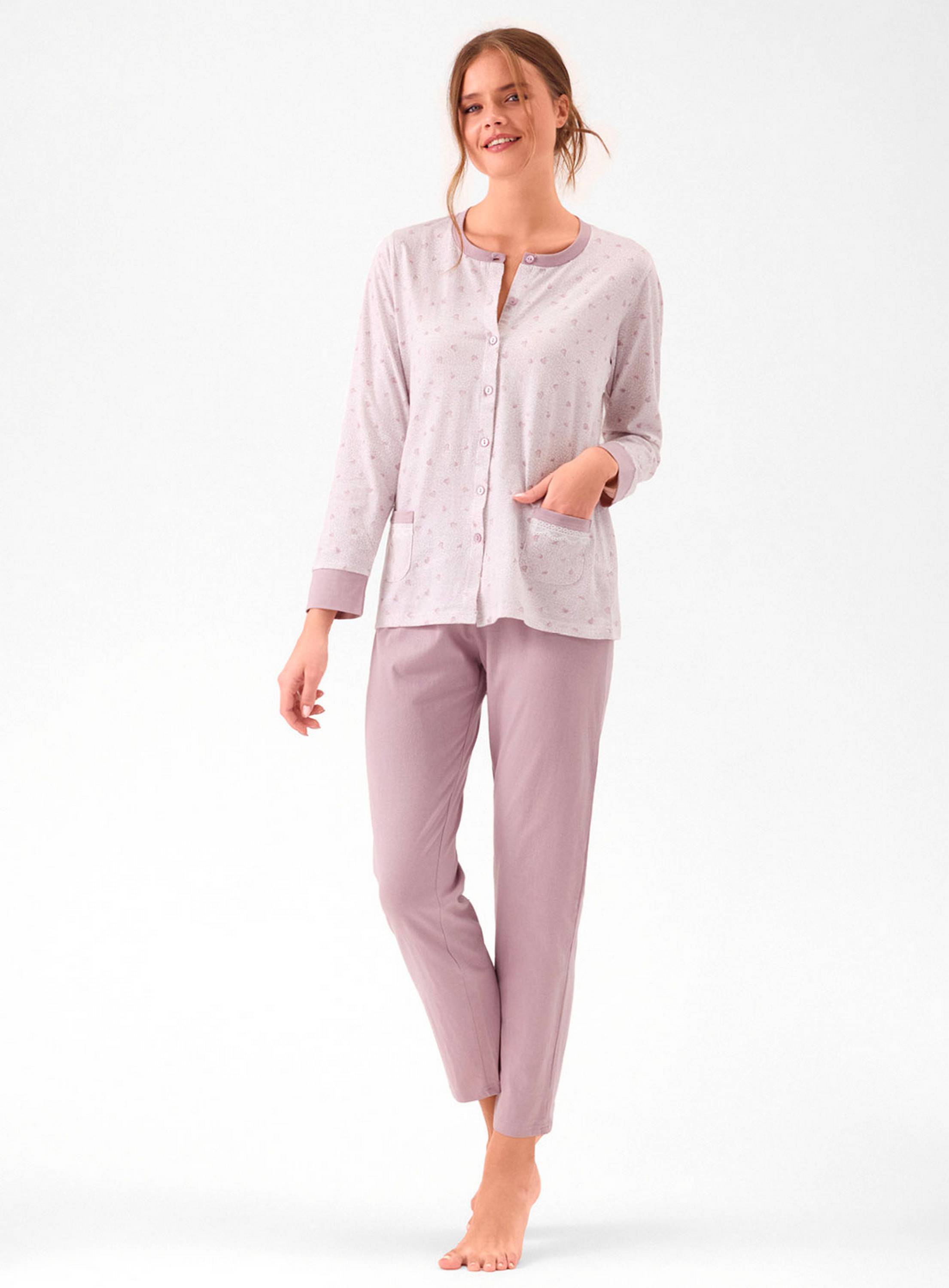 PIGIAMA DONNA COTONE APERTO Manica lunga WLD654235 infiore PANNACOTTA/TORTORA